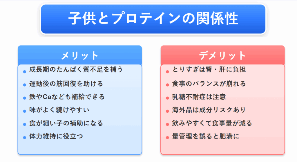 子供とプロテインの関係性
メリットとデメリットを要約した図解