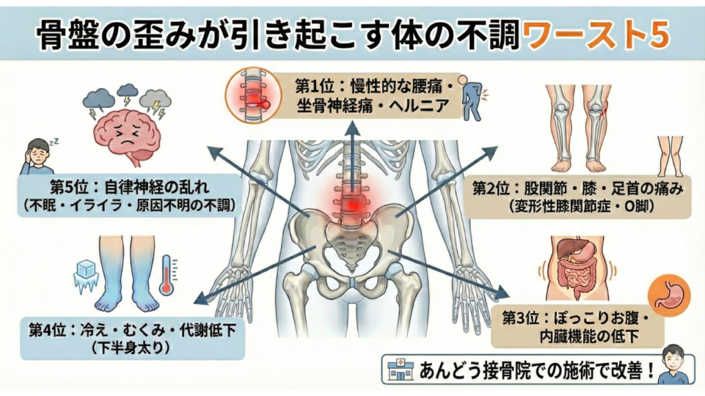 骨盤のゆがみが引き起こす体の不調を要約したイラスト