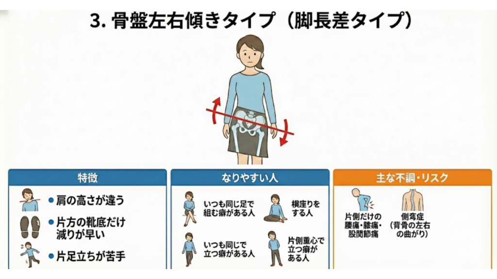 骨盤左右傾きタイプの特徴と症状を表したイラスト