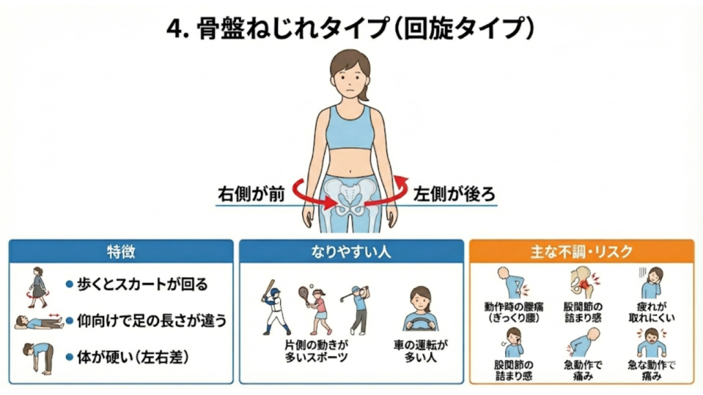 骨盤回旋タイプの特徴と症状を表したイラスト