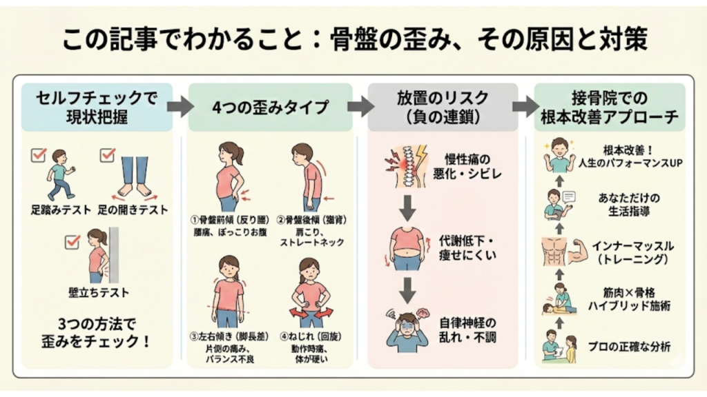 骨盤のゆがみと対策の記事を要約したイラスト