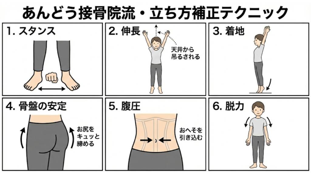 あんどう接骨院流 立ち方補正テクニックの手順を説明したイラスト