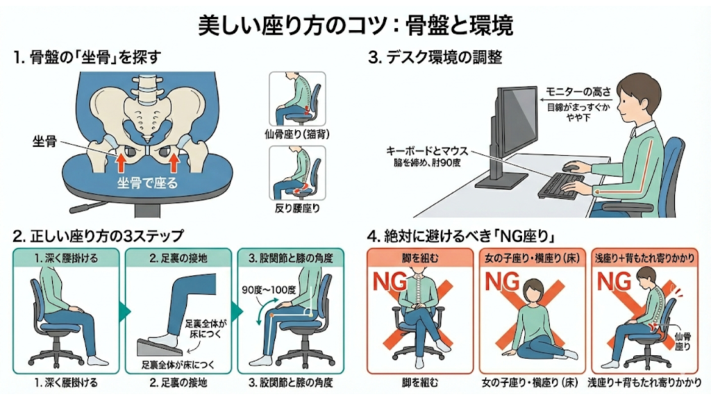 美しい座り方のコツを解説したイラスト