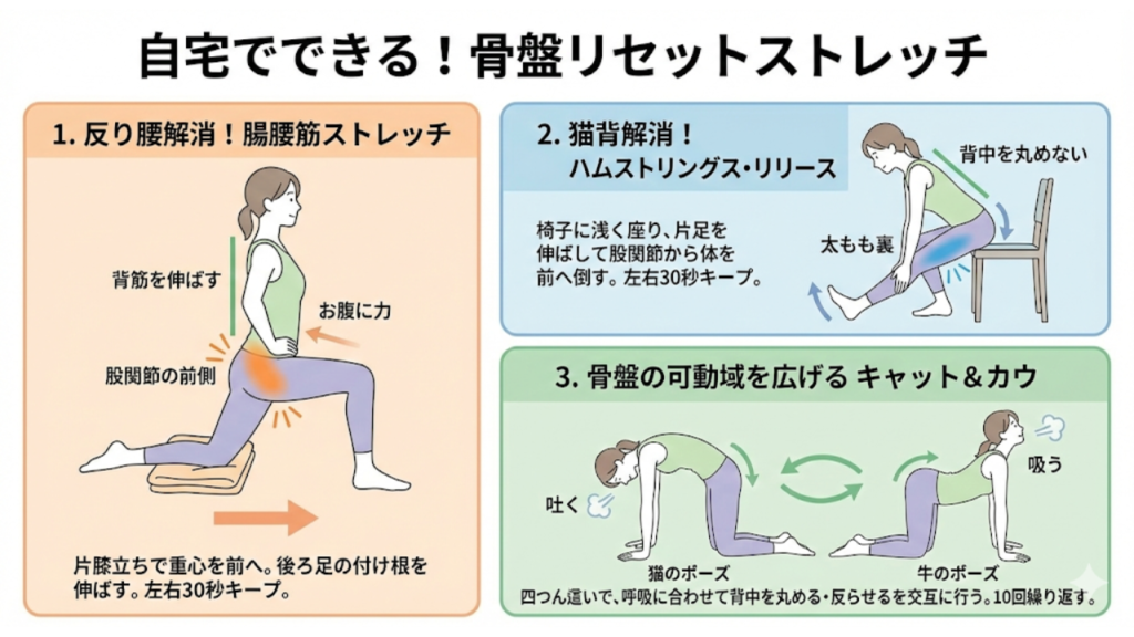 自宅でできる！骨盤リセットストレッチのイラスト