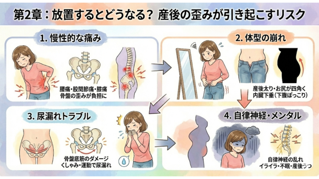 骨盤のゆがみを放置したことで起きる身体的・精神的リスクを表したイラスト