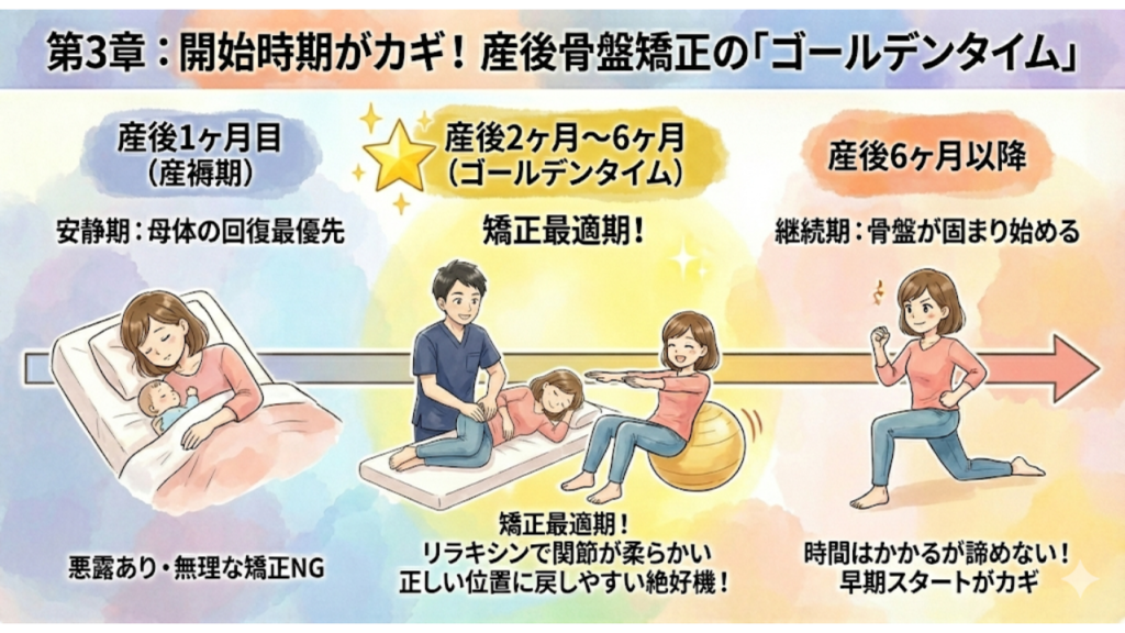 産後骨盤矯正の開始時期「ゴールデンタイム」を解説したイラスト