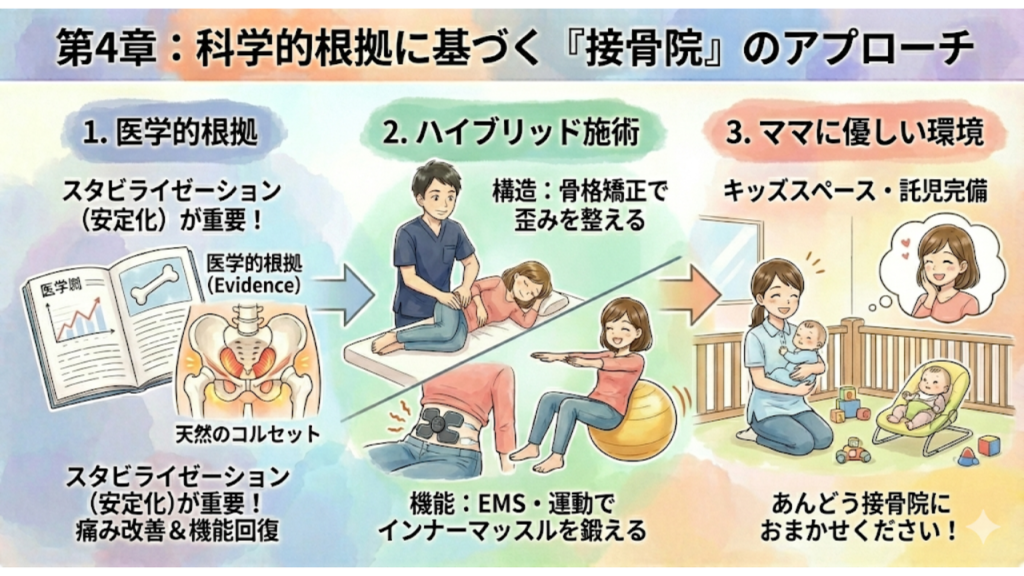 接骨院による骨盤矯正の強みを解説したイラスト