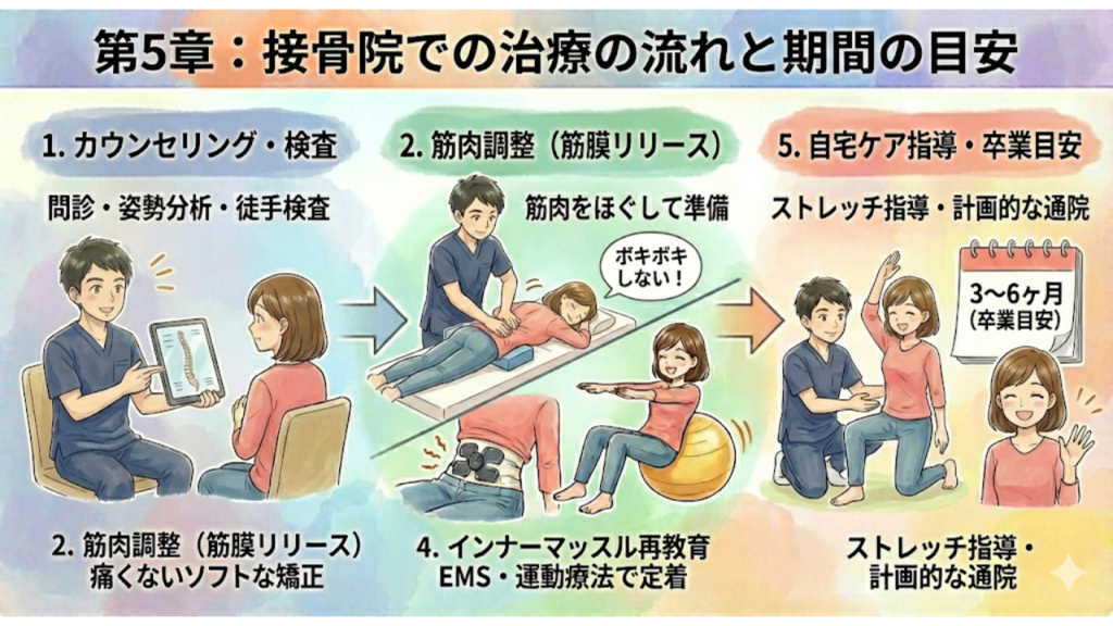 接骨院での治療の流れと期間を表したイラスト