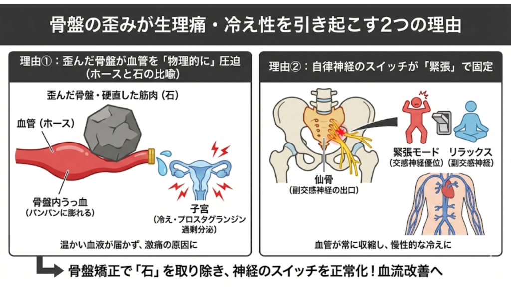 骨盤のゆがみが生理痛・冷え性を引き起こす要因を説明したイラスト