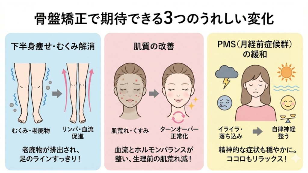 骨盤矯正で期待できる3つのうれしい効果を示したイラスト