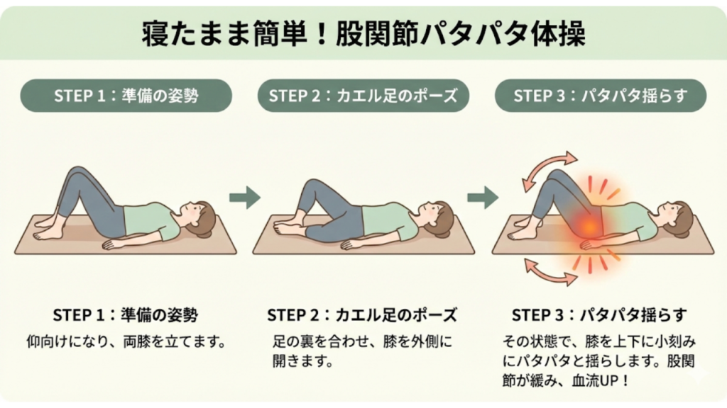 股関節パタパタ体操の手順を説明したイラスト