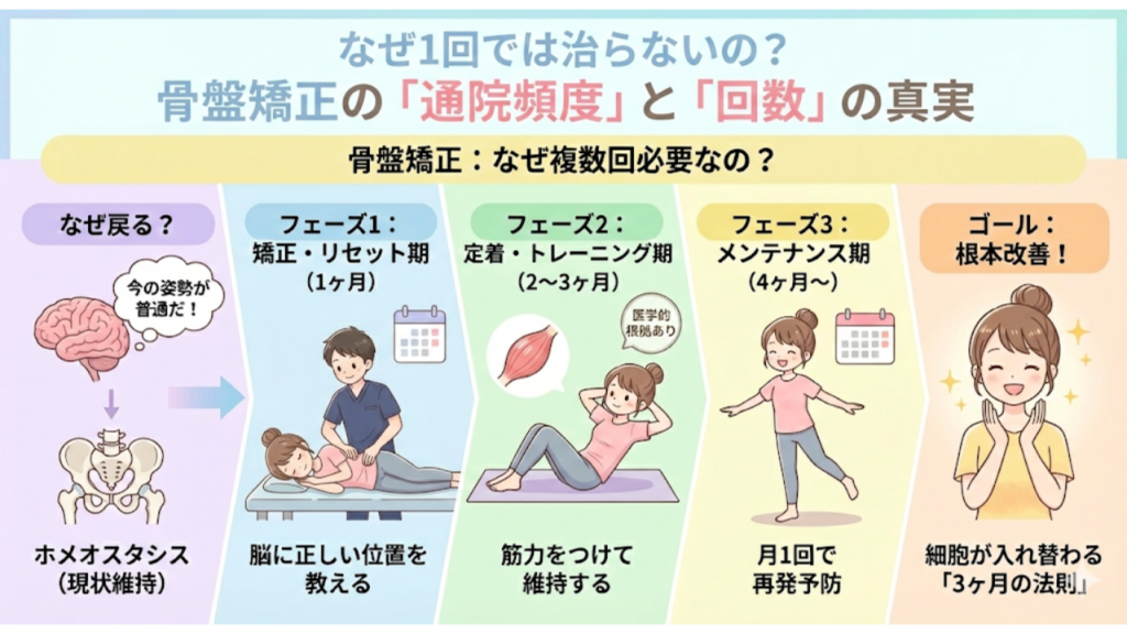 骨盤矯正の通院頻度と回数の記事を要因を説明したイラスト