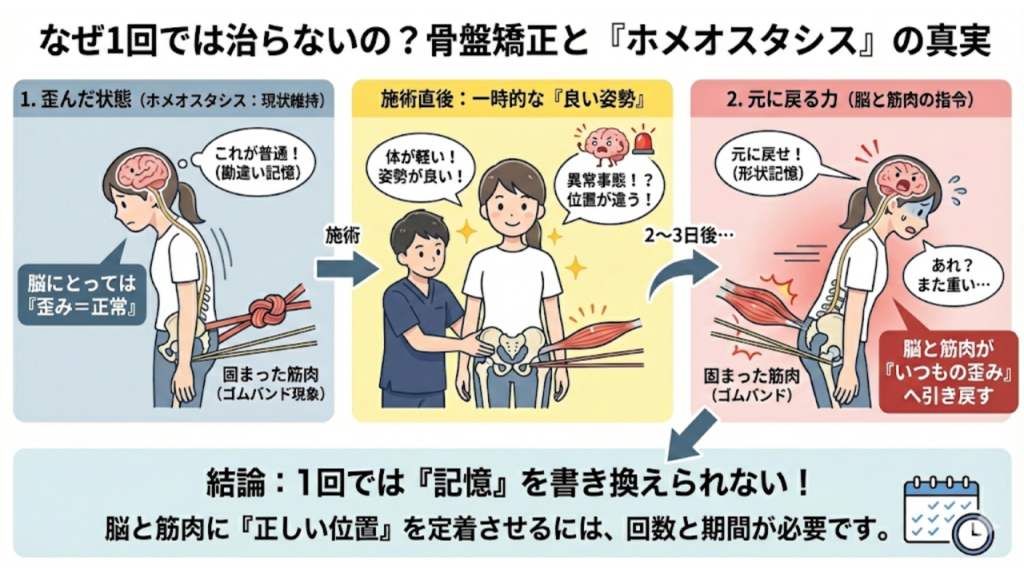 骨盤矯正とオメオスタシス(恒常性)を解説したイラスト