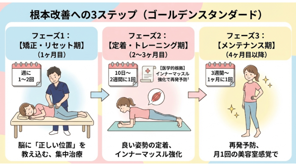 根本改善への3ステップ(ゴールデンスタンダード)を解説したイラスト