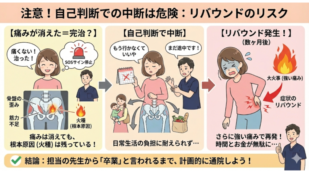 骨盤矯正を自己判断で中断するのは危険：リバウンドのリスクを解説したイラスト