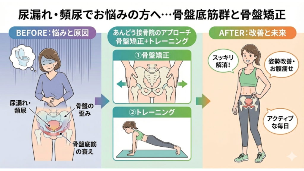 尿漏れと頻尿にお困りの方へ、骨盤底筋群と骨盤矯正が「根本改善」への近道の記事を要約したイラスト