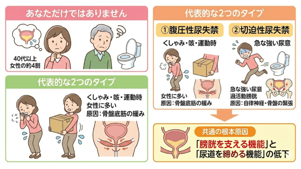 腹圧性尿失禁と切迫性尿失禁を解説したイラスト