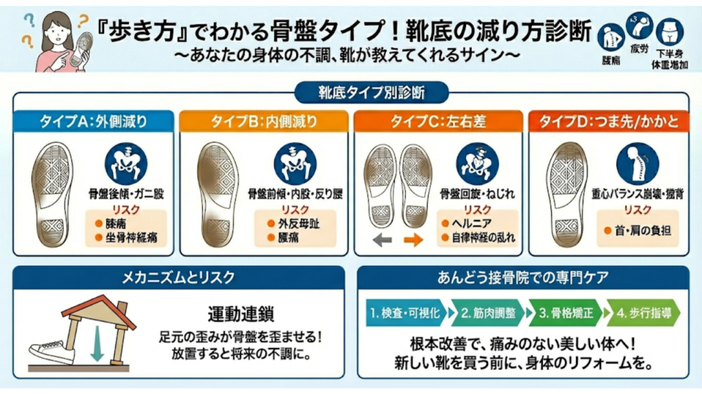 歩き方でわかる骨盤タイプ！靴底の減り方診断の記事を要約したイラスト