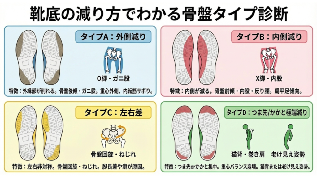 靴底の減り方でわかる骨盤タイプ診断を解説したイラスト。