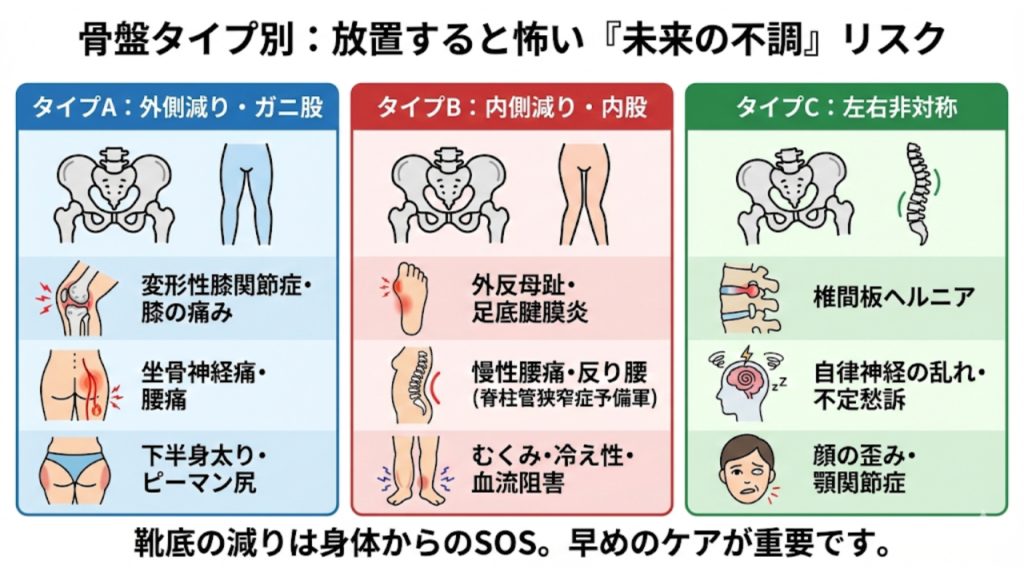 骨盤タイプ別：放置すると怖い「未来の不調」リスクを解説したイラスト。