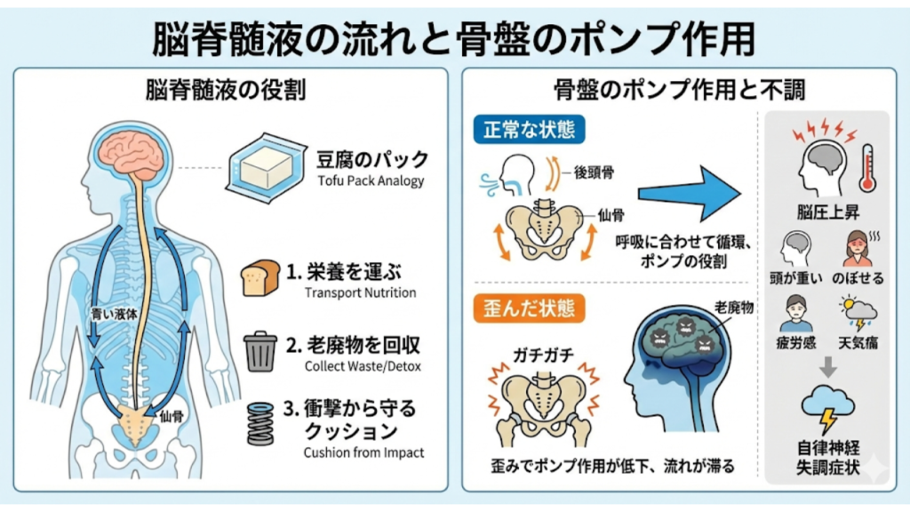 脳脊髄液の役割・流れと骨盤のポンプ作用を説明したイラスト