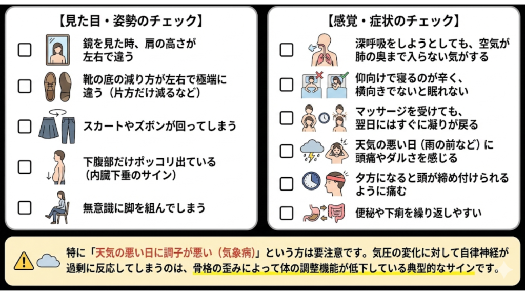 骨盤のゆがみによる自律神経の乱れ簡単セルフチェックのイラスト
