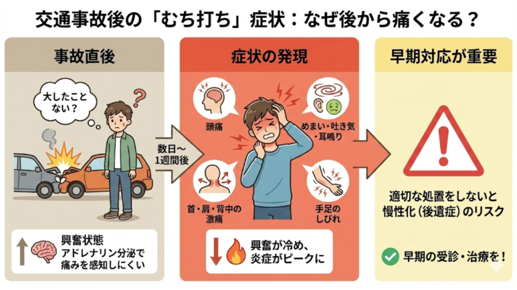 交通事故後のむち打ち症状が後から痛くなる理由を説明したイラスト