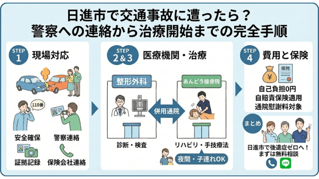 日進市で交通事故に遭ったら?警察への連絡から施術開始までの完全手順を説明したイラスト