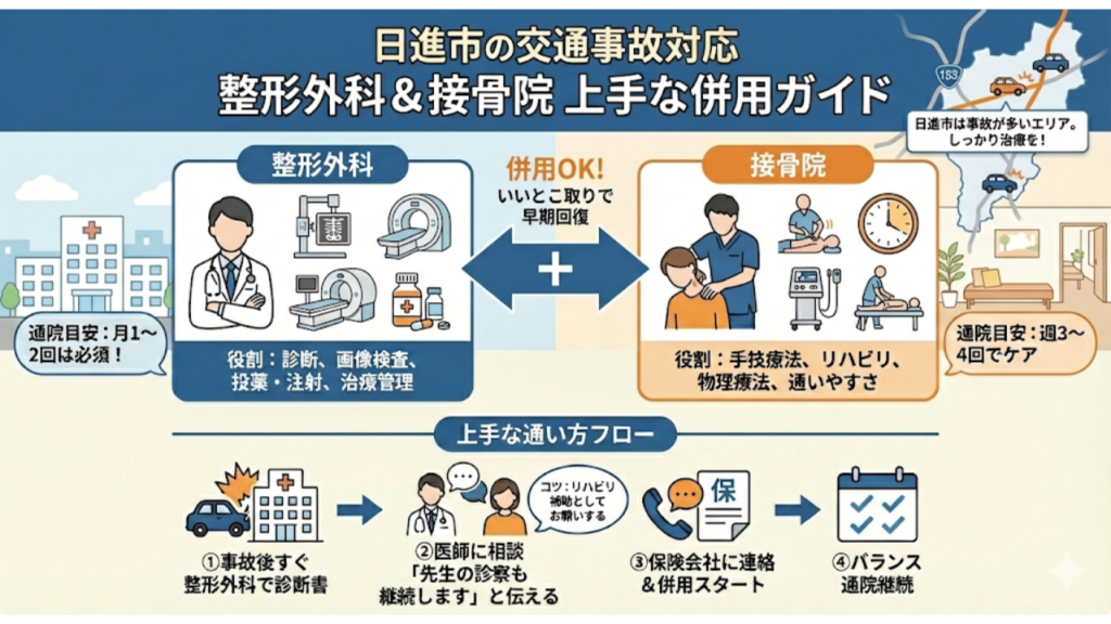 日進市の交通事故対応 整形外科&接骨院上手な併用ガイドの記事を要約したイラスト