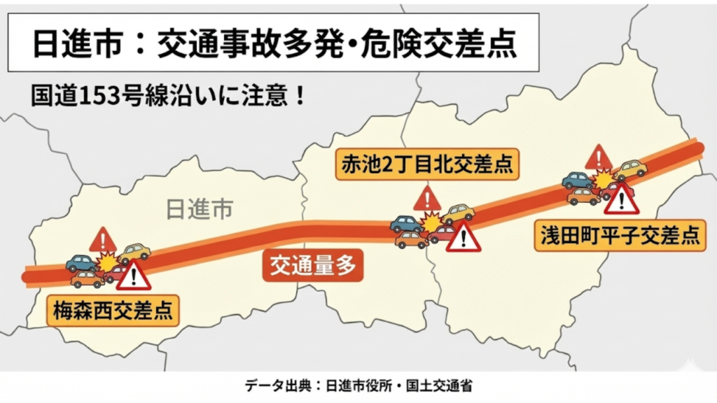 日進市：交通事故多発・危険交差点を記したイラスト