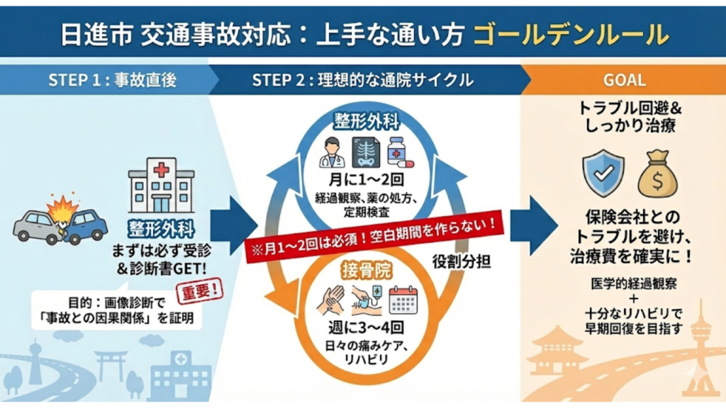 整形外科と接骨院の上手な通院の方法を説明したイラスト
