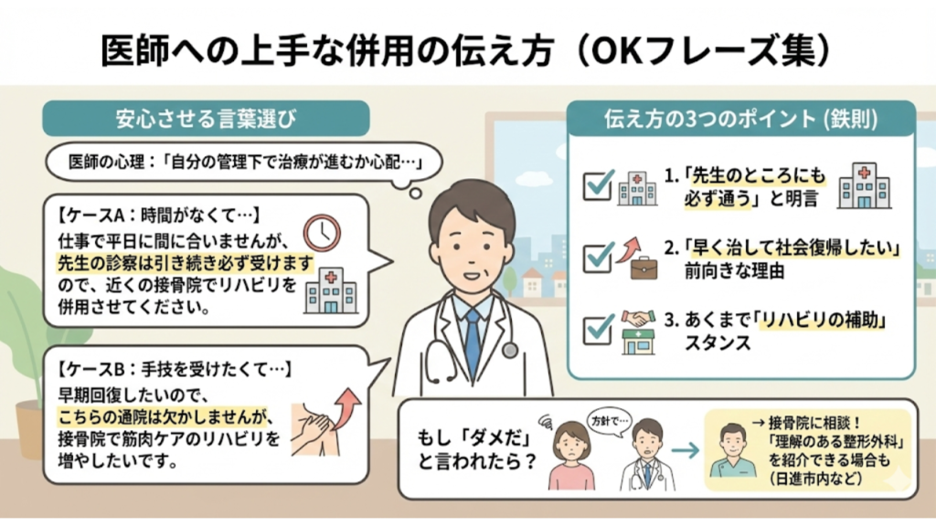 医師への上手な併用の伝え方を説明したイラスト