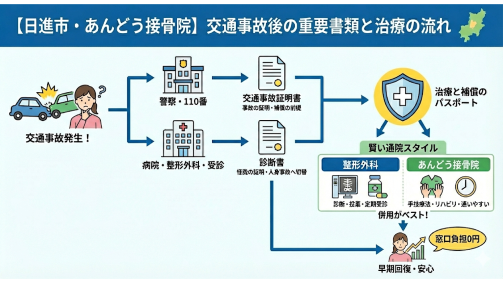 【日進市・あんどう接骨院】交通事故後の重要書類と施術の流れを説明したイラスト
