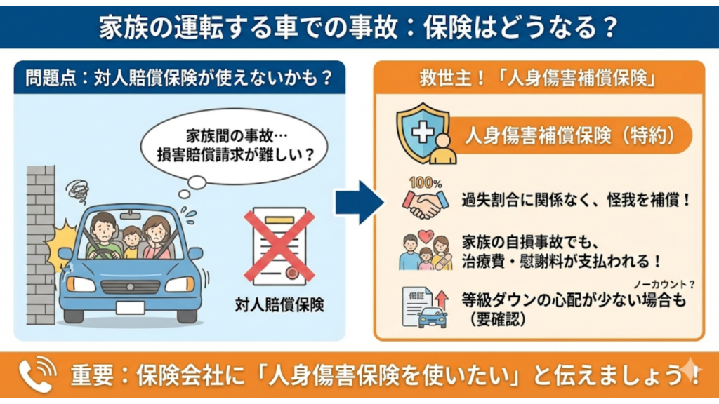 家族の運転する車で事故に遭った場合の保険はどうなるかを解説したイラスト