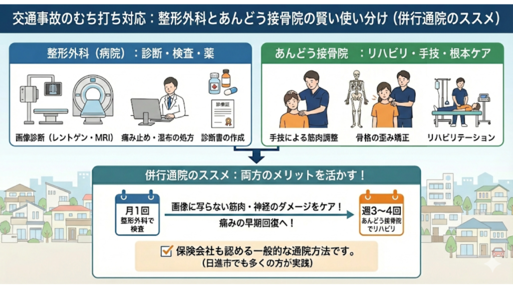 交通事故対応は整形外科と接骨院の並行通院がおすすめな理由を説明したイラスト