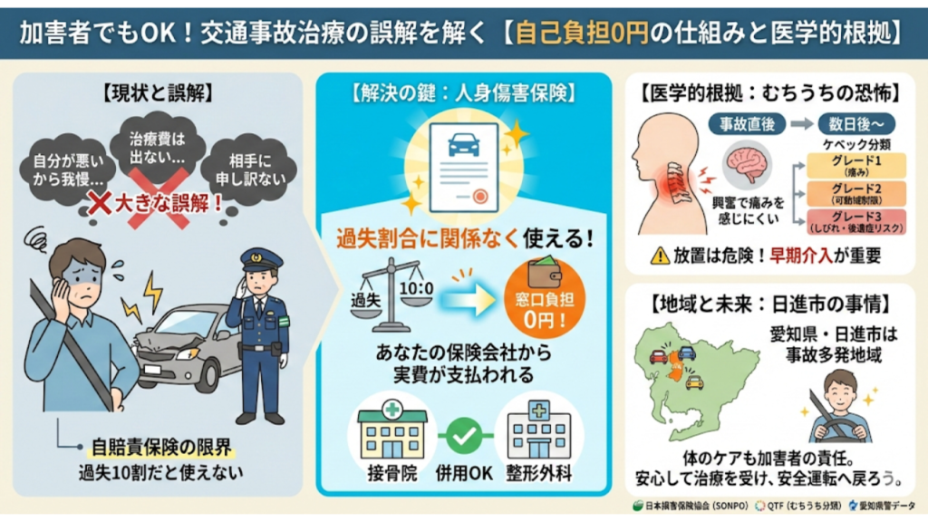 交通事故の加害者でも自己負担0円で施術を受けられる仕組みを説明したイラスト