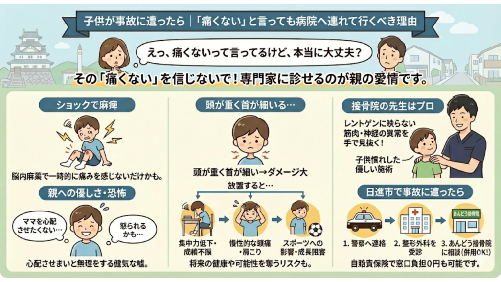 子供が事故に遭った際に「痛くない」と言っても病院に連れていくべき理由の記事を要約したイラスト