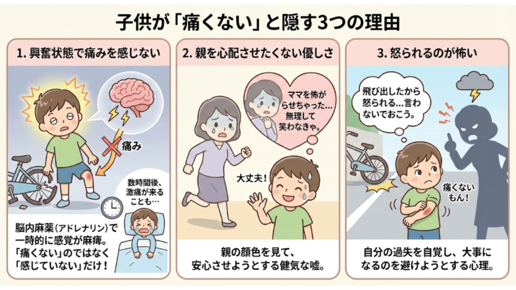 交通事故後にこどもが「痛くない」と隠す理由を説明したイラスト