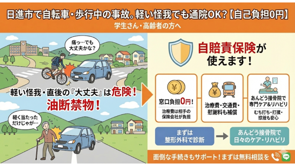 日進市で自転車・歩行中の交通事故。軽いケガでも通院していいの?の記事を要約したイラスト
