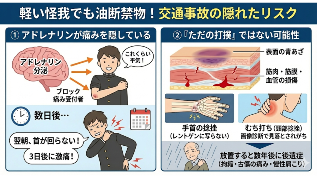 軽いケガでも起こりうる交通事故の隠れたリスクを説明したイラスト