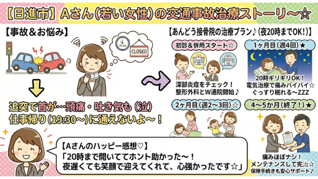 日進市での交通事故施術の実例を示したイラスト