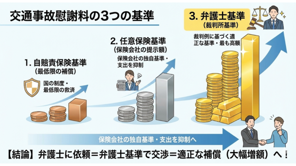 交通事故慰謝料の3つの基準を説明したイラスト