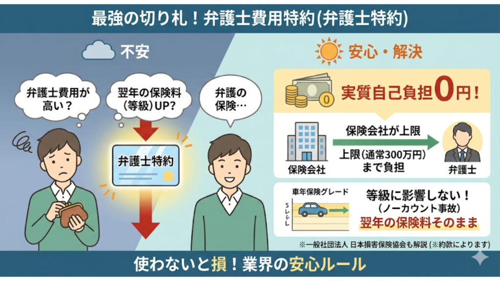 交通事故における弁護士特約を説明したイラスト