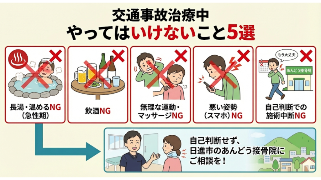 交通事故の施術期間中にやってはいけないこと5選を要約したイラスト