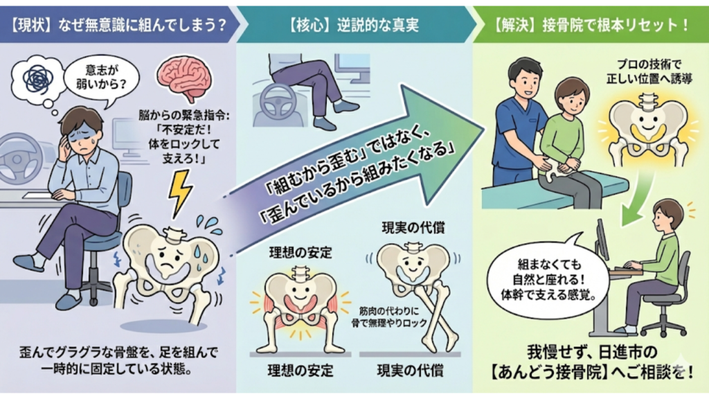 脚を組んでしまう癖の記事を要約したイラスト