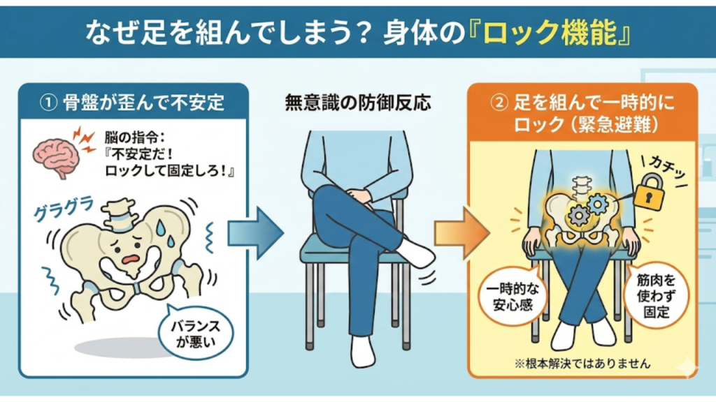 脚を組むことで発生する骨盤のロック機能を解説したイラスト