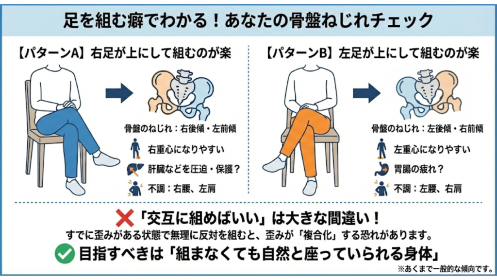 脚の組み方でわかる骨盤のねじれを説明したイラスト