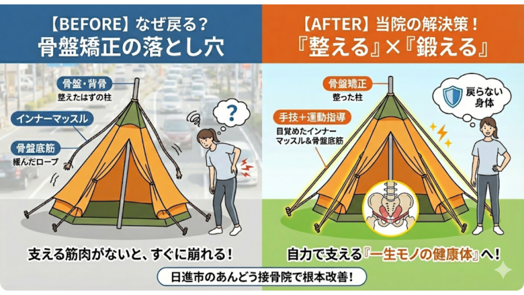 骨盤矯正後に痛みがぶり返す理由を解説したイラスト