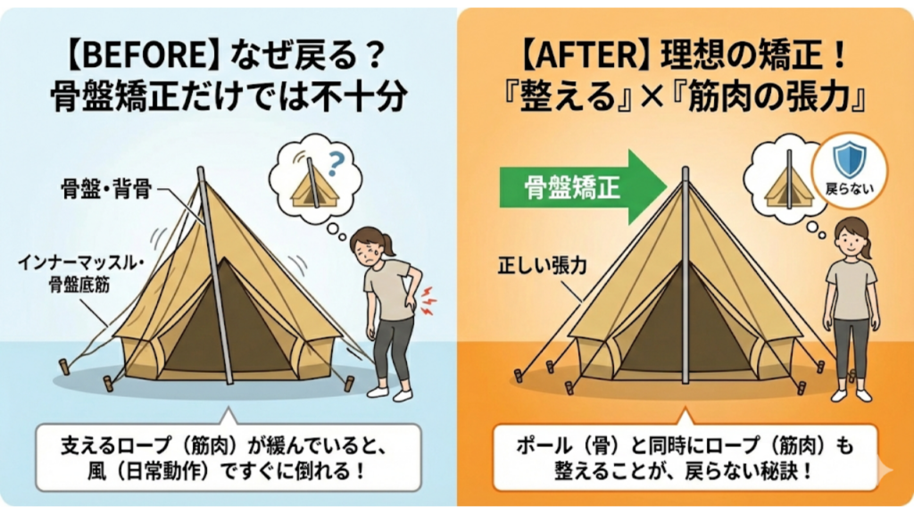 骨盤矯正後に痛みが戻る理由を解説したイラスト