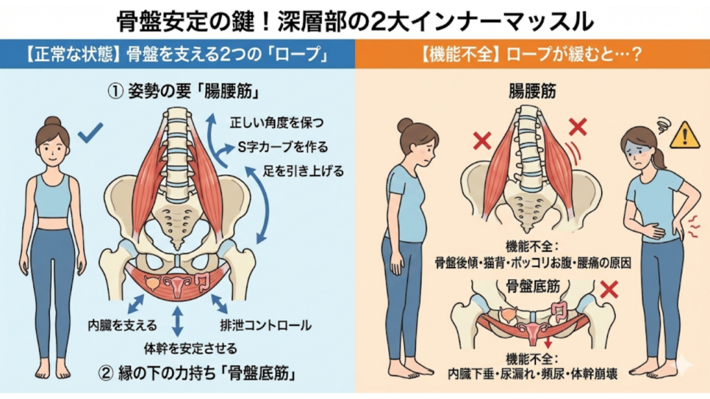 骨盤の安定のためのインナーマッスルを解説したイラスト